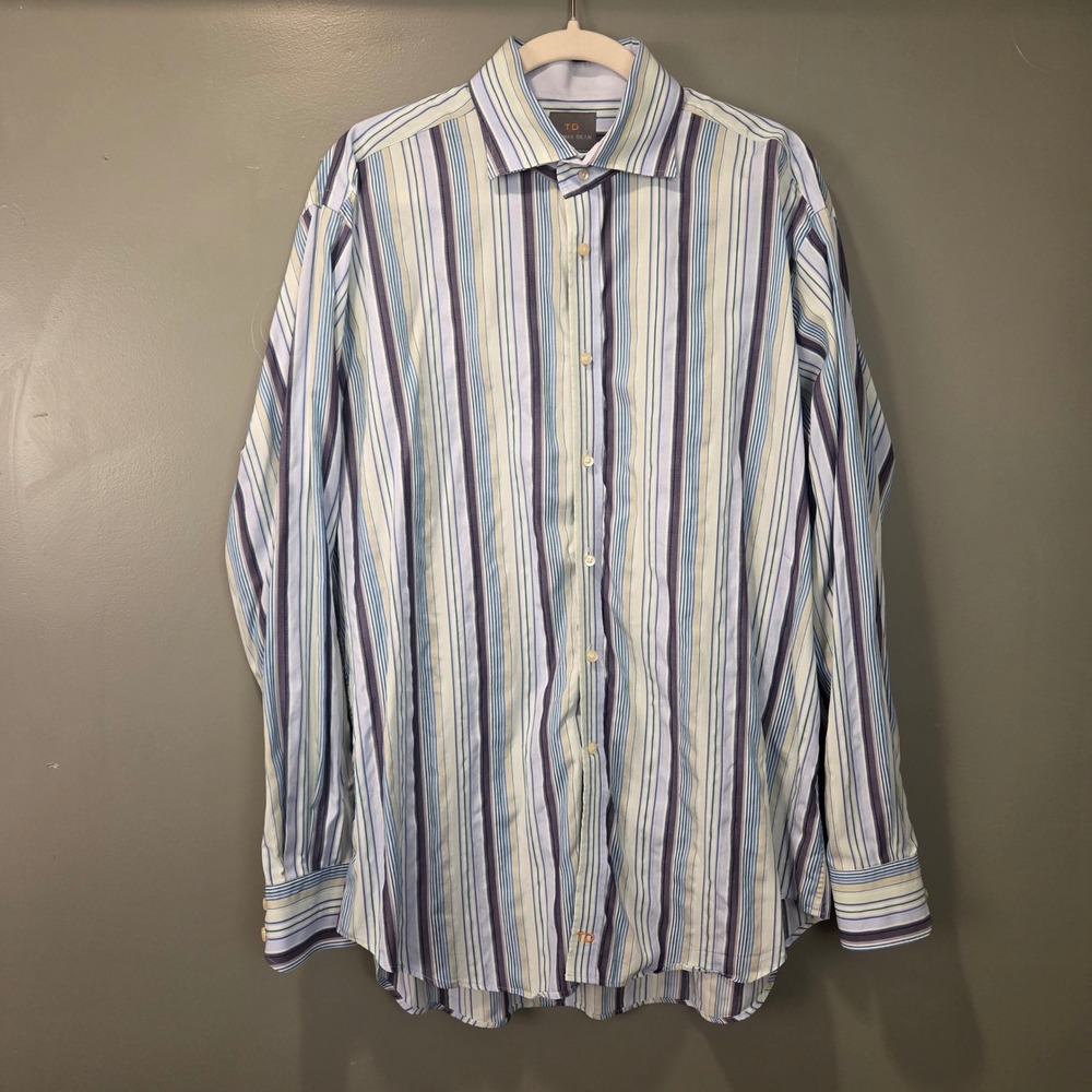 Thomas Dean Men's Striped Button Up Dress Shirt Size XL 100% Cotton